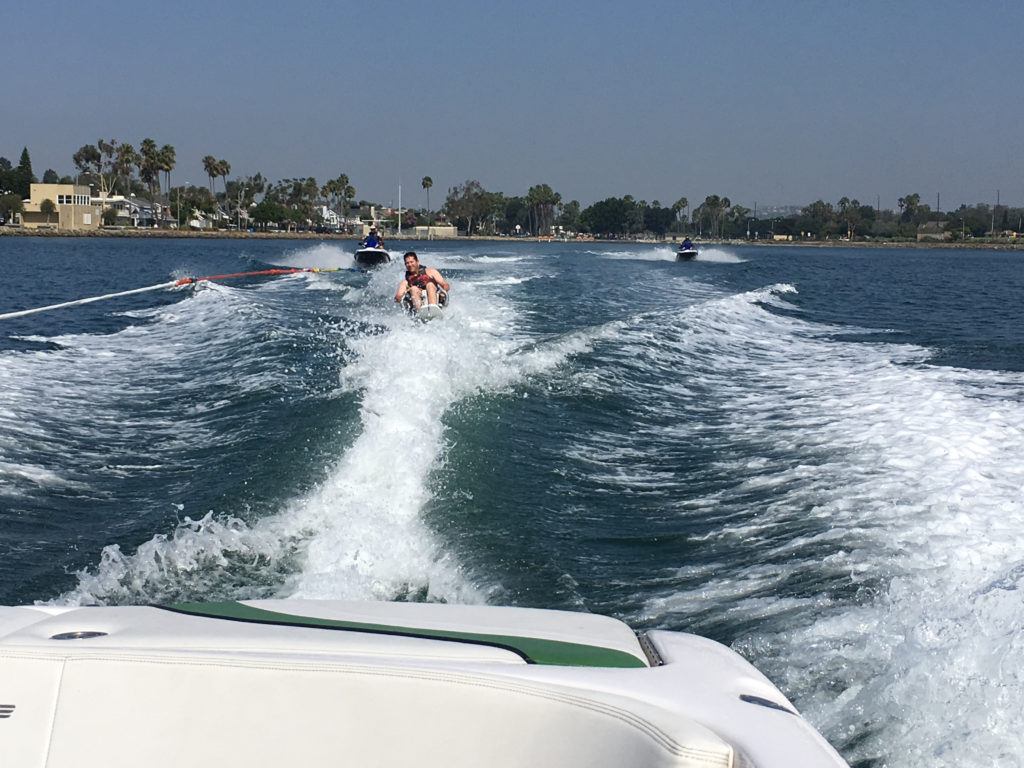 Andrew Skinner, a quadriplegic and founder of the Triumph Foundation, is waterskiing in Long Beach, California