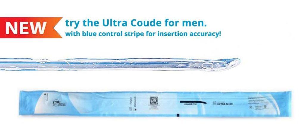 The Cure Ultra® coude catheter for men is available in  FR 12-18 sizes.