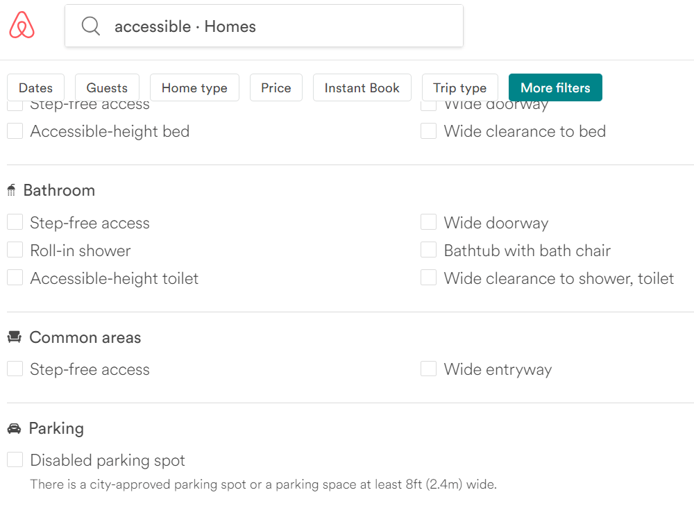 When searching for lodging on the AirBnB website, select "More Filters" to view accessible home options.