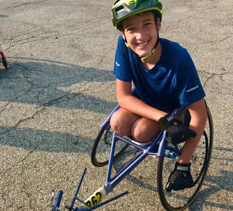 Ben Mitchell, just before his race on August 11, 2018. He is 14 years old and has spina bifida.