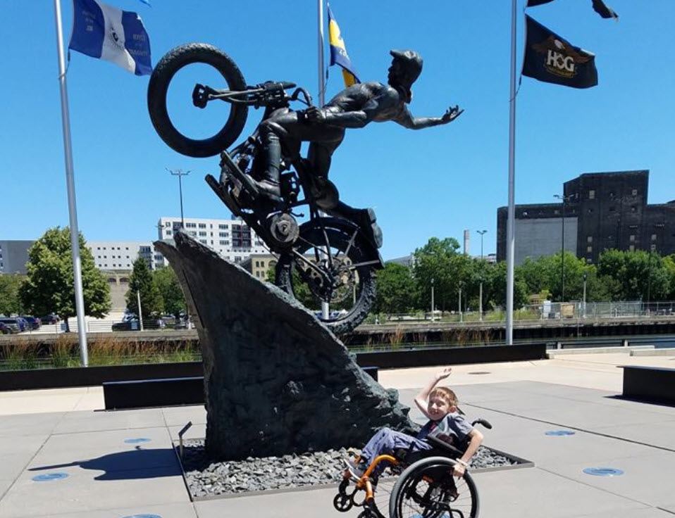 Brayden Bailey (age 10) enjoyed visiting the accessible Harley Davidson Museum in Milwaukee, Wisconsin. 