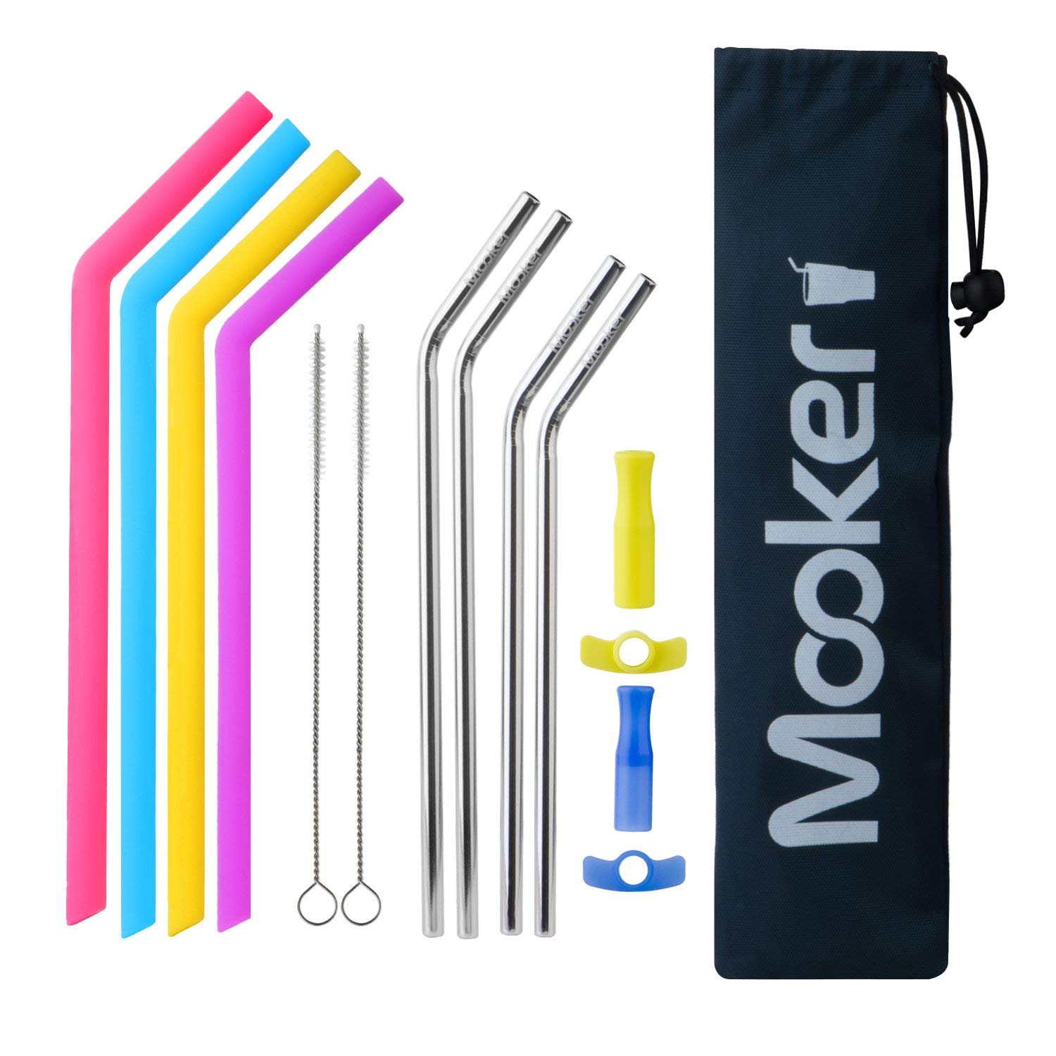 Mooker makes an affordable variety pack in the form of a travel kit that includes silicon straws (which have flexibility and are totally safe), as well as stainless steel straws with silicon tips.