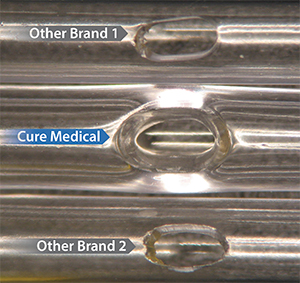 Visual comparison of Cure Medical polshed eyelets compared to other manfacturers